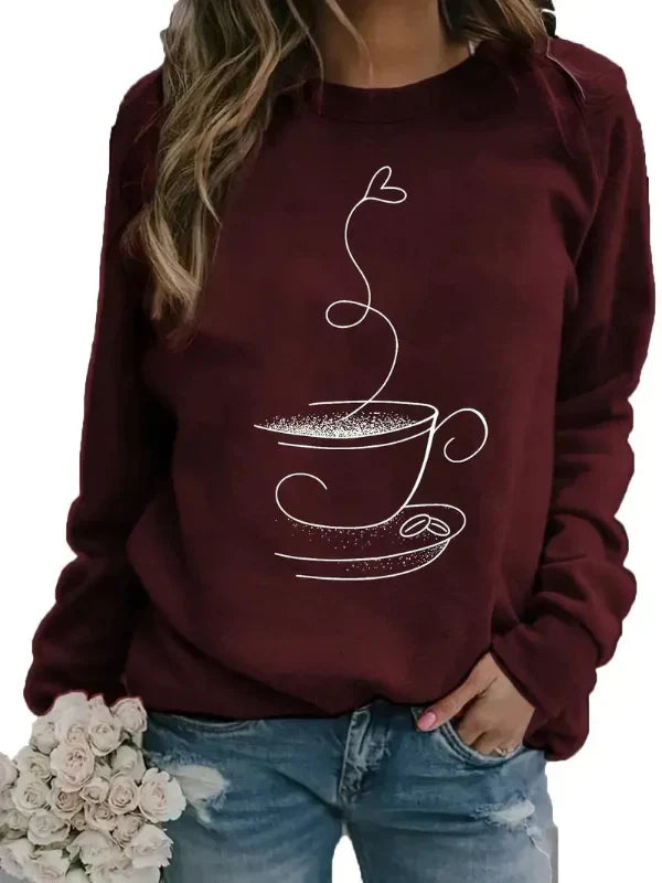 Sweat Femme Coupe Décontractée En Mélange De Coton Imprimé Tasse De Café Col Rond Ultra Confortable