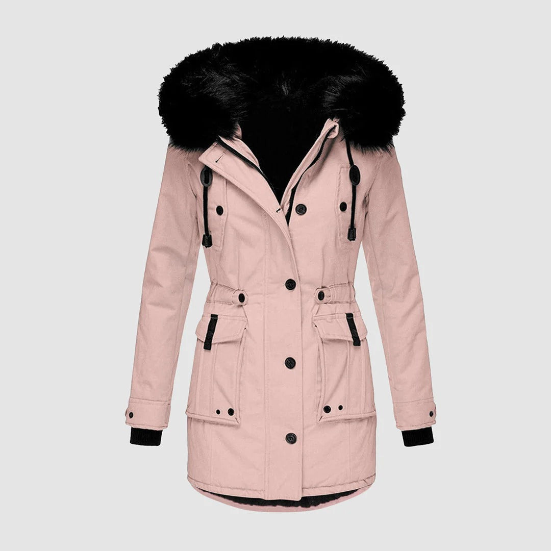 Manteau Long Femme À Coupe Tailleur Capuche En Fourrure Synthétique Avec Ceinture Et Boutons Devant