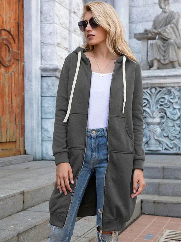 Sweatshirt Oversize Pour Femmes Avec Zip Front Capuche En Coton Longueur Longue Décontracté