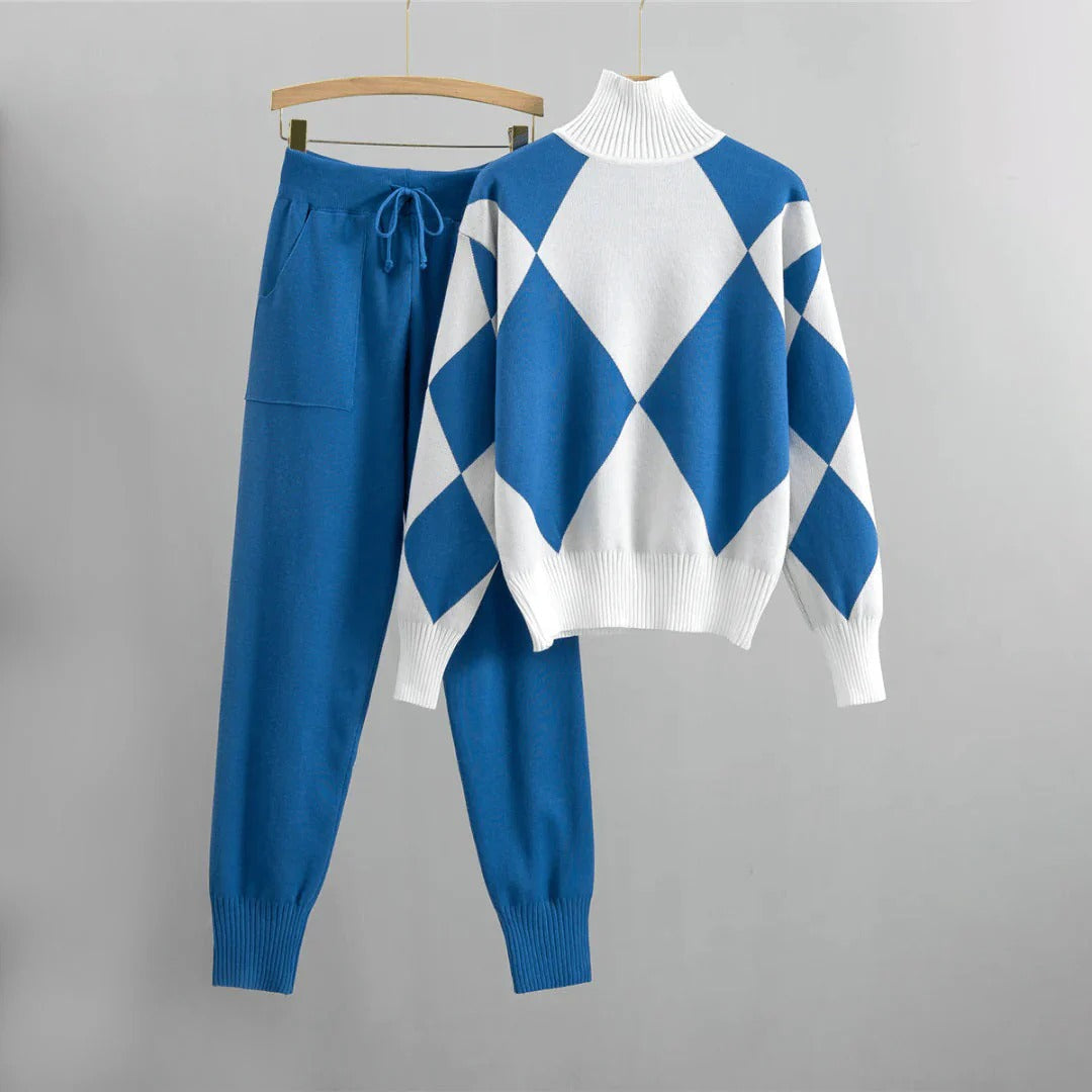 Ensemble Pull Et Pantalon En Maille Pour Femme Coupe Décontractée Col Roulé Argyle Taille À Cordon
