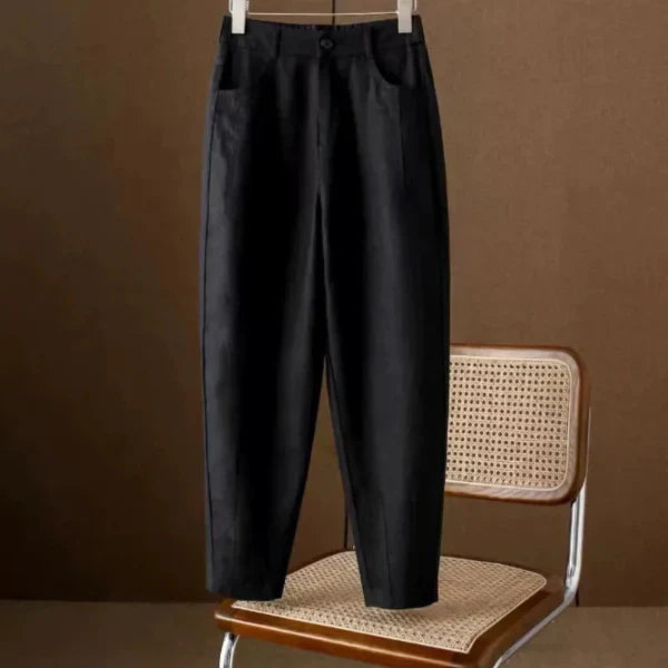 Pantalon Femme Taille Haute Coupe Décontractée En Coton Avec Poches Et Jambe Fuselée