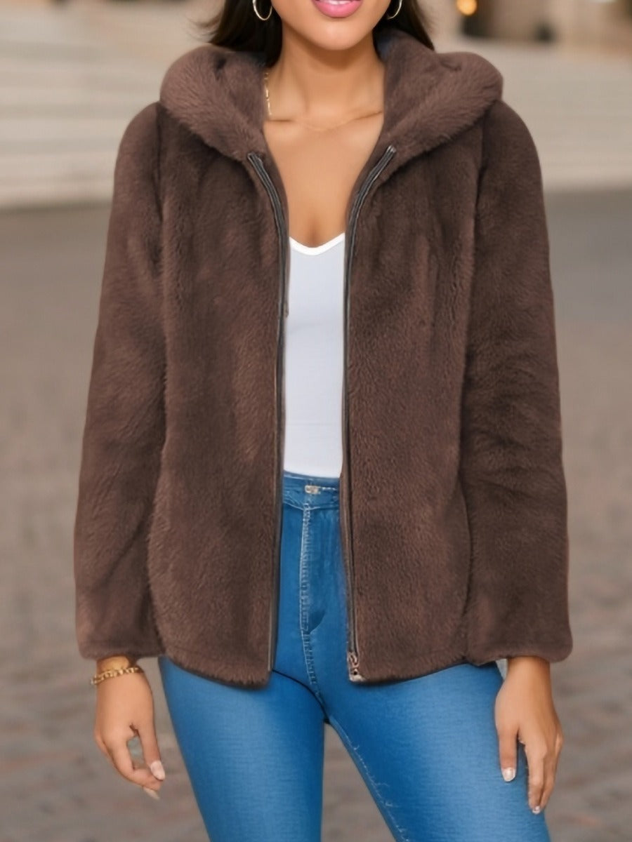 Sweat à Capuche Pour Femme en Coral Fleece Doublé Laine Zip Frontal Coupe Décontractée