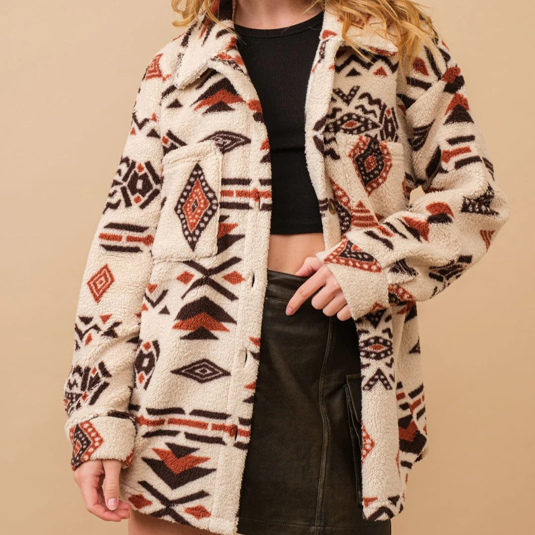 Veste Sherpa Rheya Boho Western Douce Confortable Motifs Tissés Ethniques Tons Terreux Décontractée Pour Denim Ou Tricots