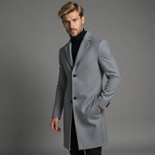 Manteau Long Homme En Laine Mélangée Coupe Tailorée Simple Boutonnage Vêtement Extérieur Formel Pour Hiver