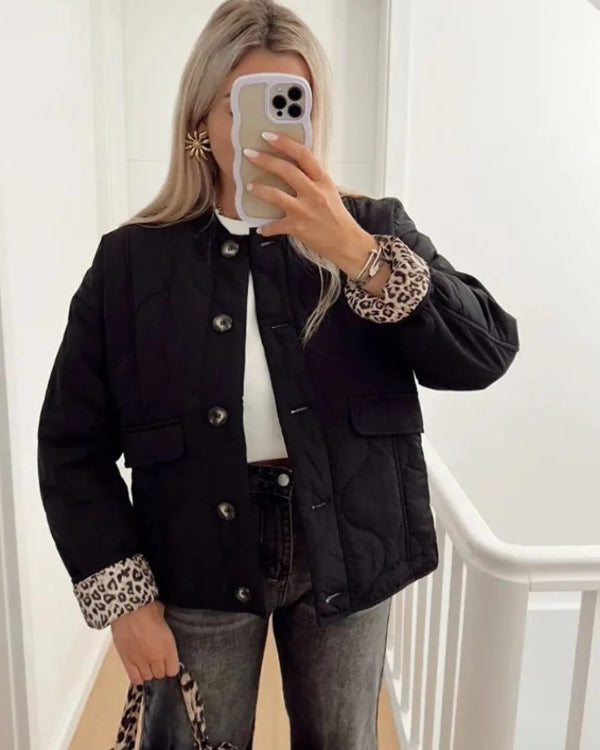 Veste Matelassée Femme Décontractée Poignets Léopard Poches À Rabat Bouton Devant