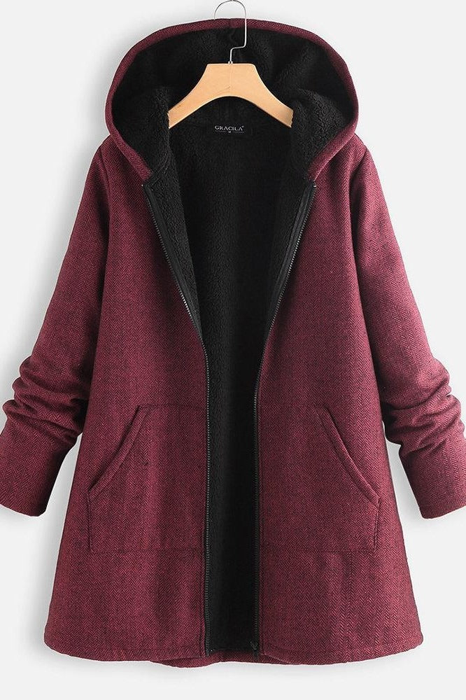 Manteau À Capuche Pour Femme Doublé Polaire Coupe Oversize Avec Fermeture Éclair Devant Longueur Mi Cuisse