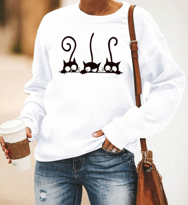 Sweat Femme Oversize En Mélange Coton Col Rond Imprimé Chat Décontracté Pour Look Quotidien Confortable