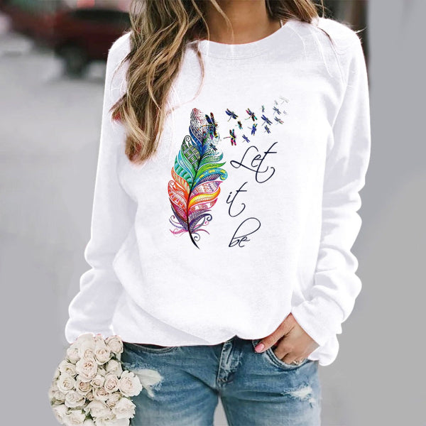 Pull Femme Nordisk Flair À Col Rond Mélange Coton Imprimé Plume À Manches Longues Coupe Décontractée