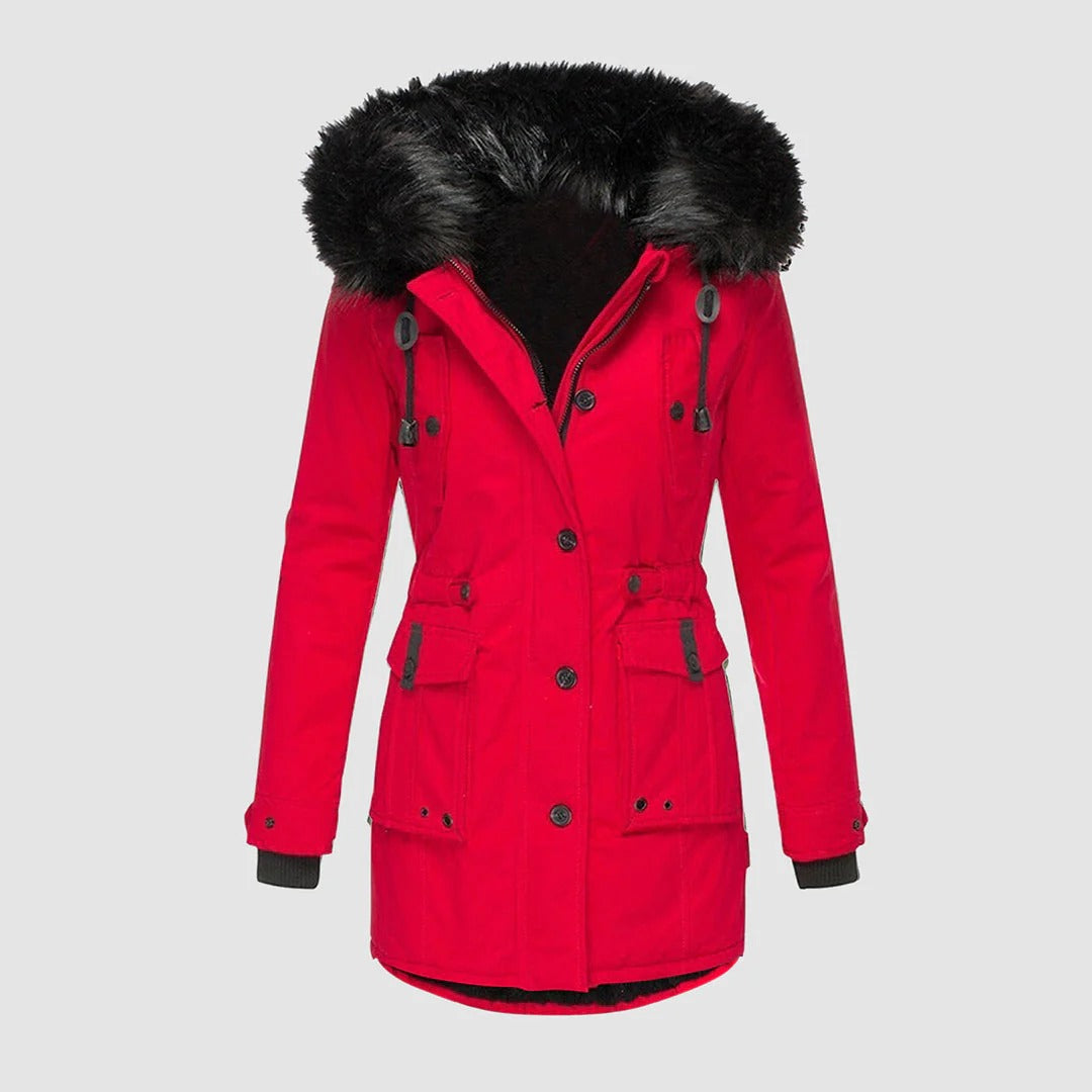 Manteau Long Femme À Coupe Tailleur Capuche En Fourrure Synthétique Avec Ceinture Et Boutons Devant
