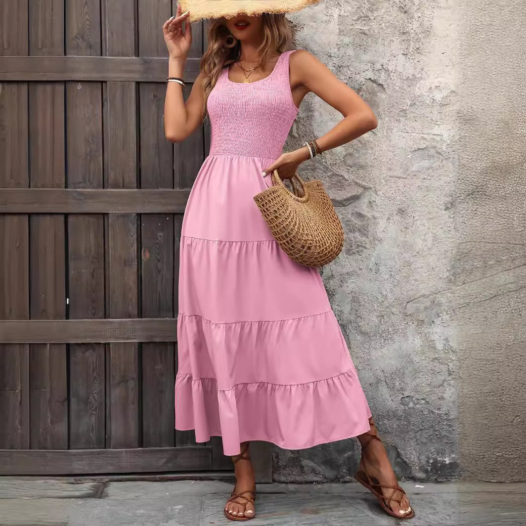Robe Midi Femme Amawinc Coupe Aline Corsage Smocké Jupe Plissée à Étages Bretelles Fines Ajustables
