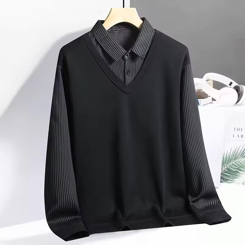 Sweat Polo Homme En Tricot Regular Fit Col V Look Superposé Manche Longue Décontracté Chic