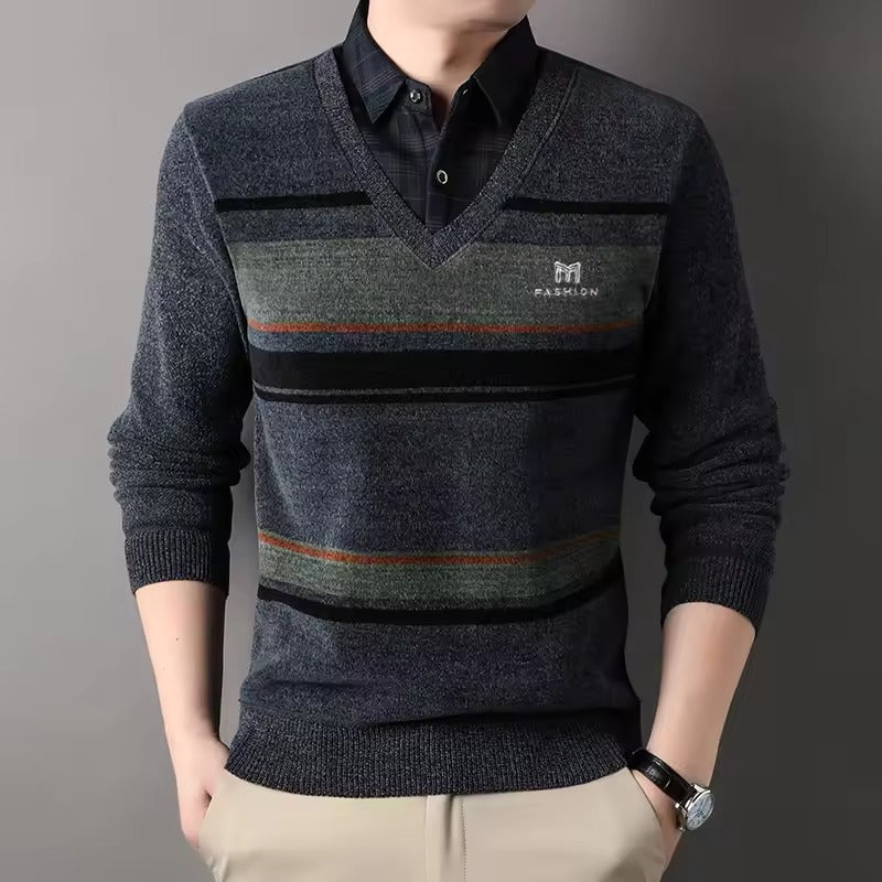Amawinc Pull Homme Mélange Polaire Coupe Regular Col Rond Rayé Ourlet Tricot Confort Hiver Indispensable
