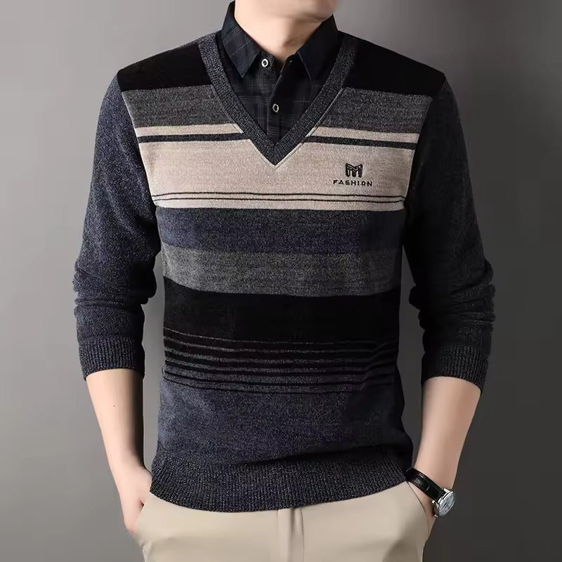 Amawinc Pull Homme Mélange Polaire Coupe Regular Col Rond Rayé Ourlet Tricot Confort Hiver Indispensable
