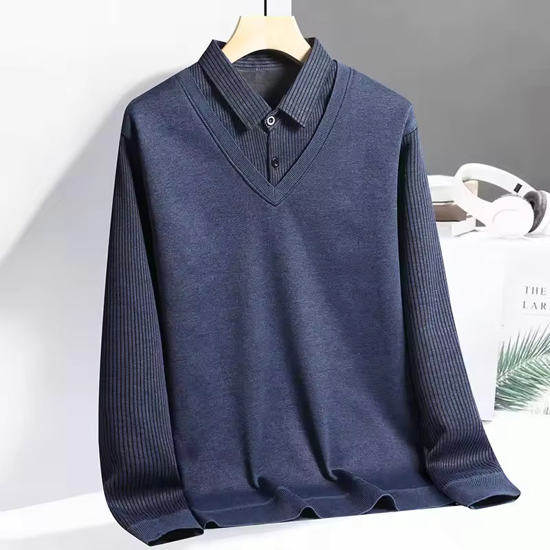 Sweat Polo Homme En Tricot Regular Fit Col V Look Superposé Manche Longue Décontracté Chic