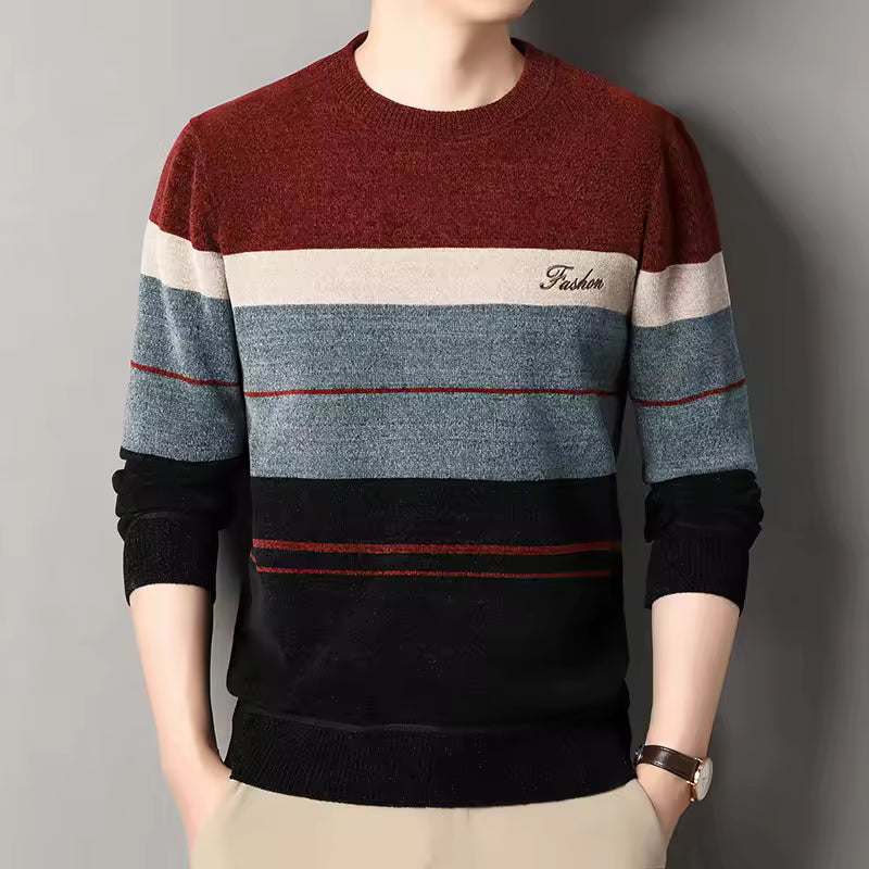 Pull Homme En Laine Mélangée Nordisk Flair Col Ras Rayé Design Décontracté Coupe Standard Automne