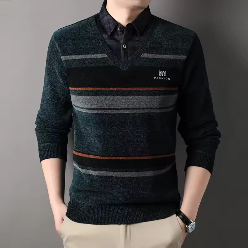 Amawinc Pull Homme Mélange Polaire Coupe Regular Col Rond Rayé Ourlet Tricot Confort Hiver Indispensable