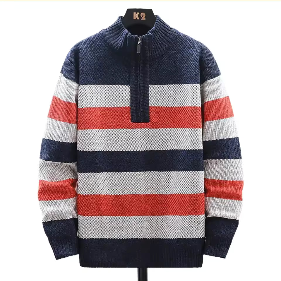 Pull Homme En Tricot Laine Doublé Polaire Avec Zip Demi Longueur Coupe Décontractée À Côtes