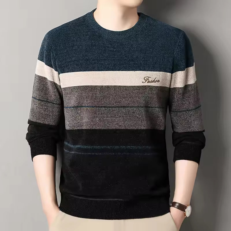 Pull Homme En Laine Mélangée Nordisk Flair Col Ras Rayé Design Décontracté Coupe Standard Automne