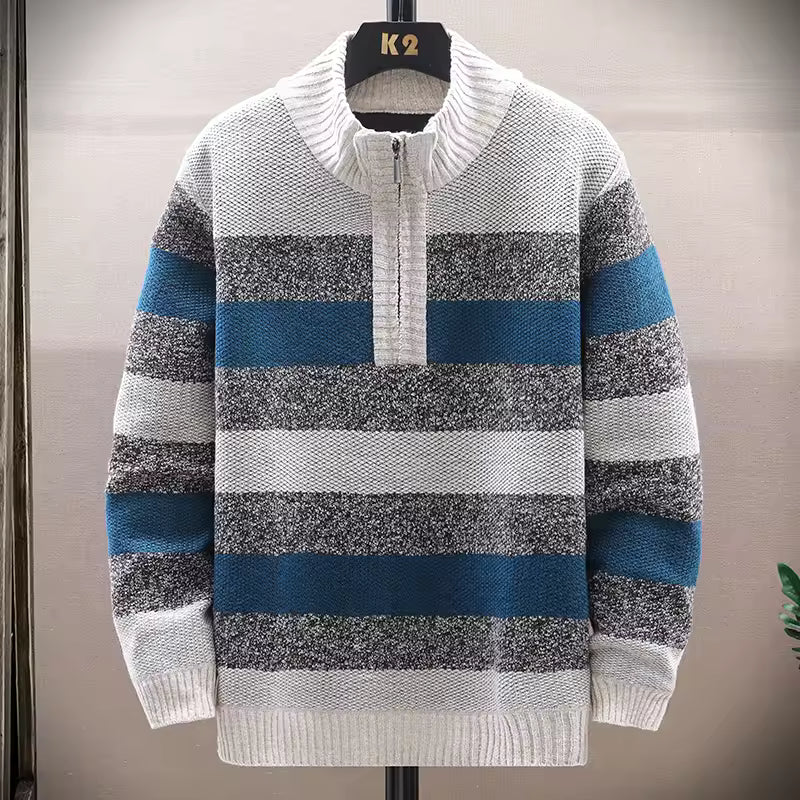 Pull Homme En Tricot Laine Doublé Polaire Avec Zip Demi Longueur Coupe Décontractée À Côtes