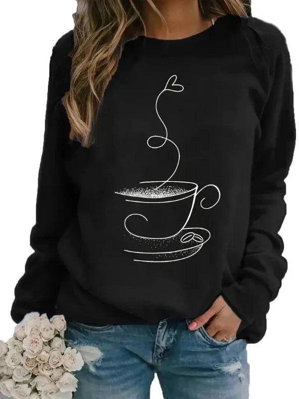 Sweat Femme Coupe Décontractée En Mélange De Coton Imprimé Tasse De Café Col Rond Ultra Confortable