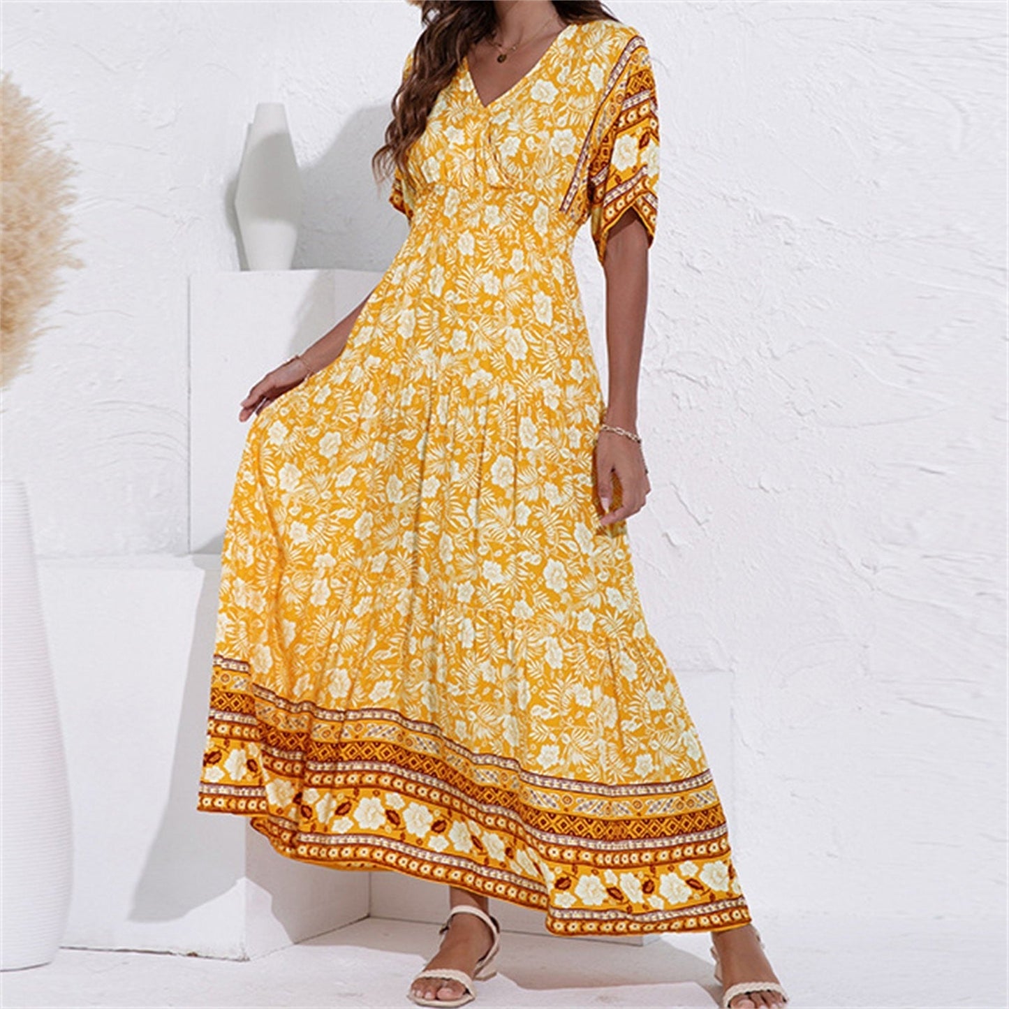 Isabelle Robe Maxi Bohème Imprimée Floral Encolure En V Pour Femmes Idéale Vacances Plage