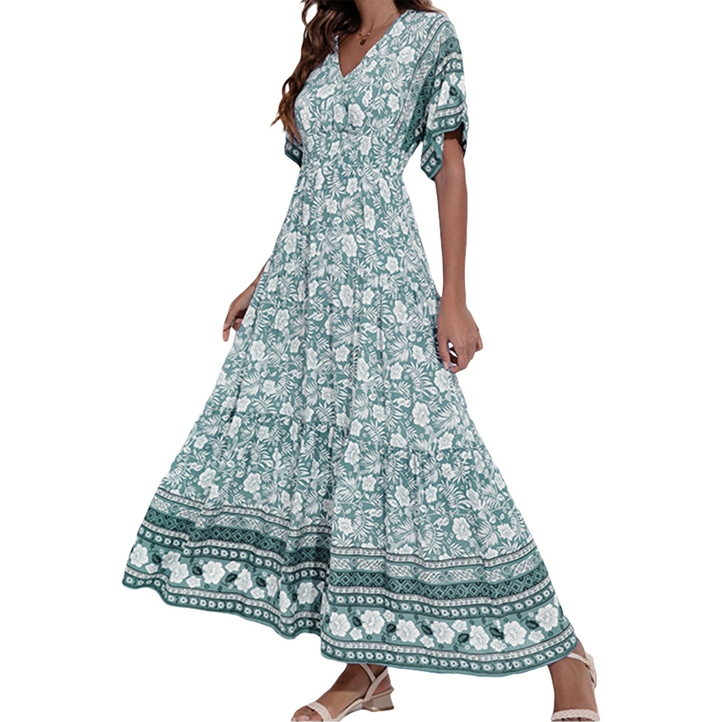 Isabelle Robe Maxi Bohème Imprimée Floral Encolure En V Pour Femmes Idéale Vacances Plage