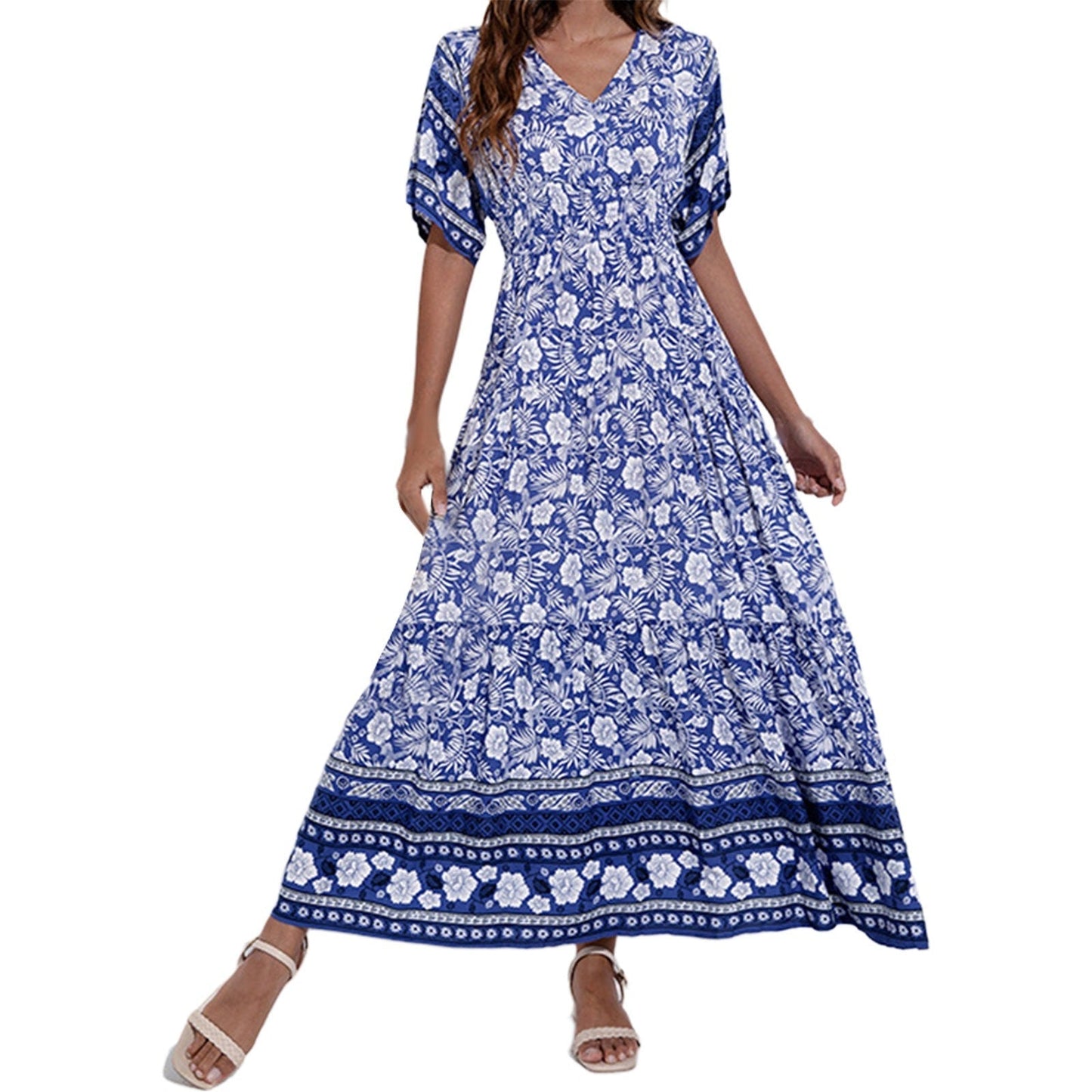 Isabelle Robe Maxi Bohème Imprimée Floral Encolure En V Pour Femmes Idéale Vacances Plage