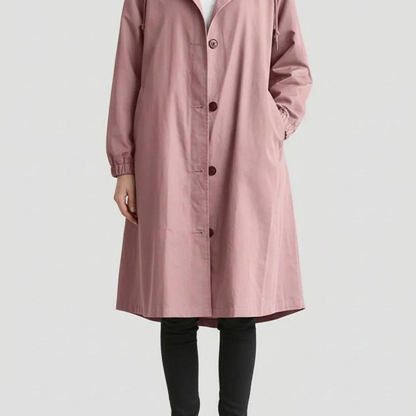 Manteau Long à Capuche pour Femme Coupe A Ligne Avec Boutons Poches Latérales et Cordons de Capuche Raglan