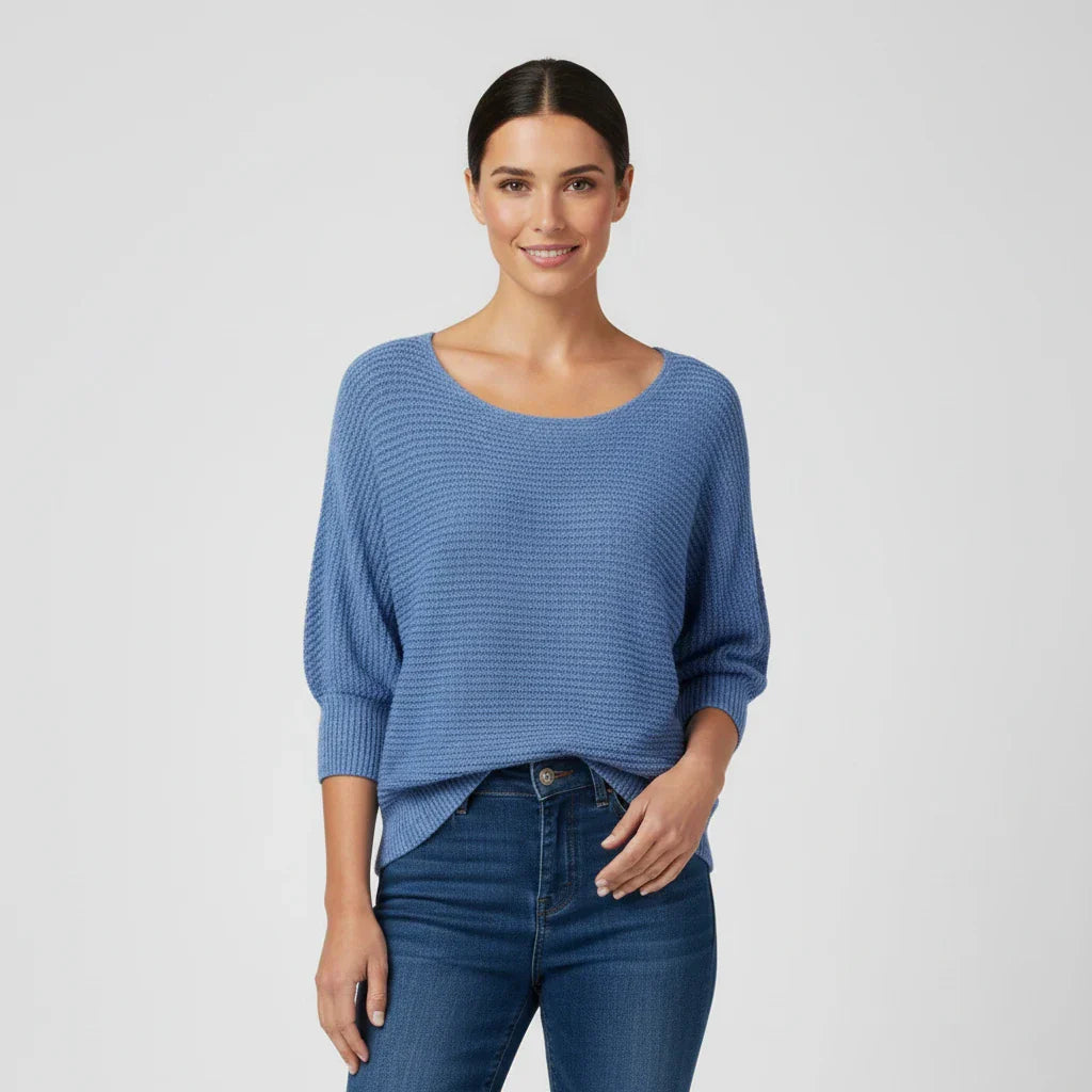 Pull Femme Col Scoop Décontracté À Manches Trois Quarts Coupe Légèrement Ajustée Pour La Superposition