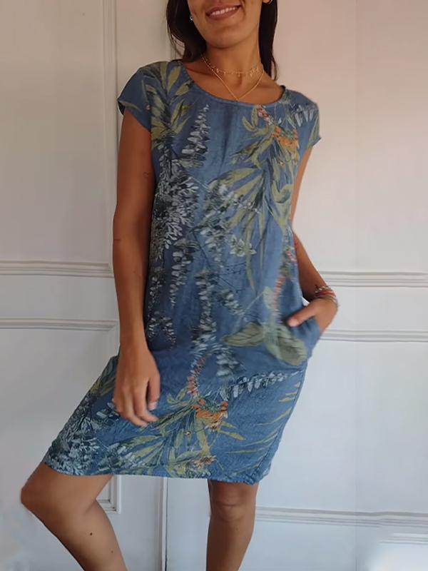 Robe Femme Décontractée À Manches Courtes Encolure Ronde Avec Poches Latérales Et Imprimé Botanique