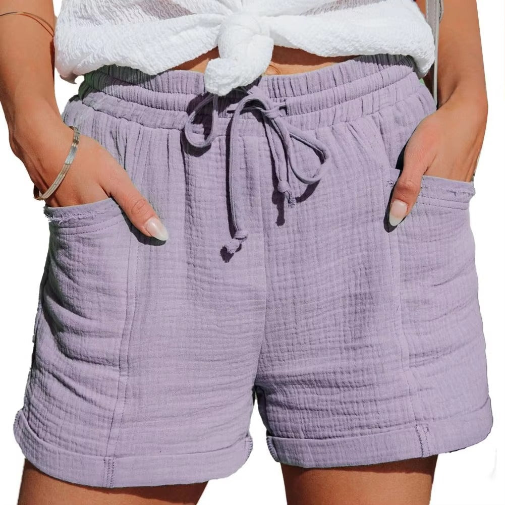 Shorts Femme Décontractés à Taille Elastique avec Cordon Coton Texturé et Poches Pratiques