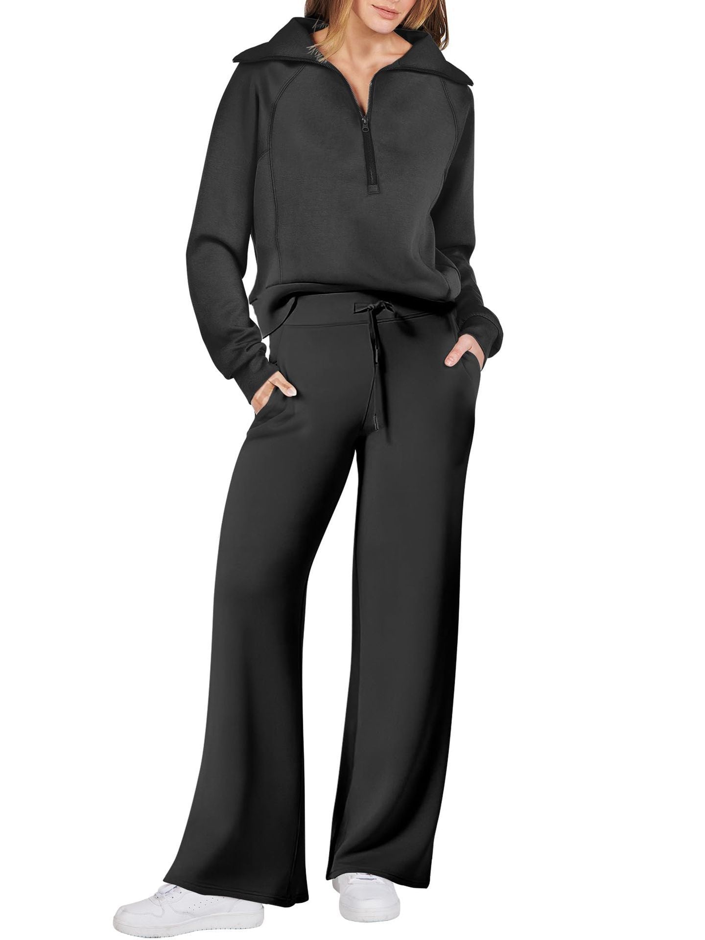 Ensemble Jogging Femme Coupe Décontractée Sweat À Demi Zip Pantalon Large Confort Doux