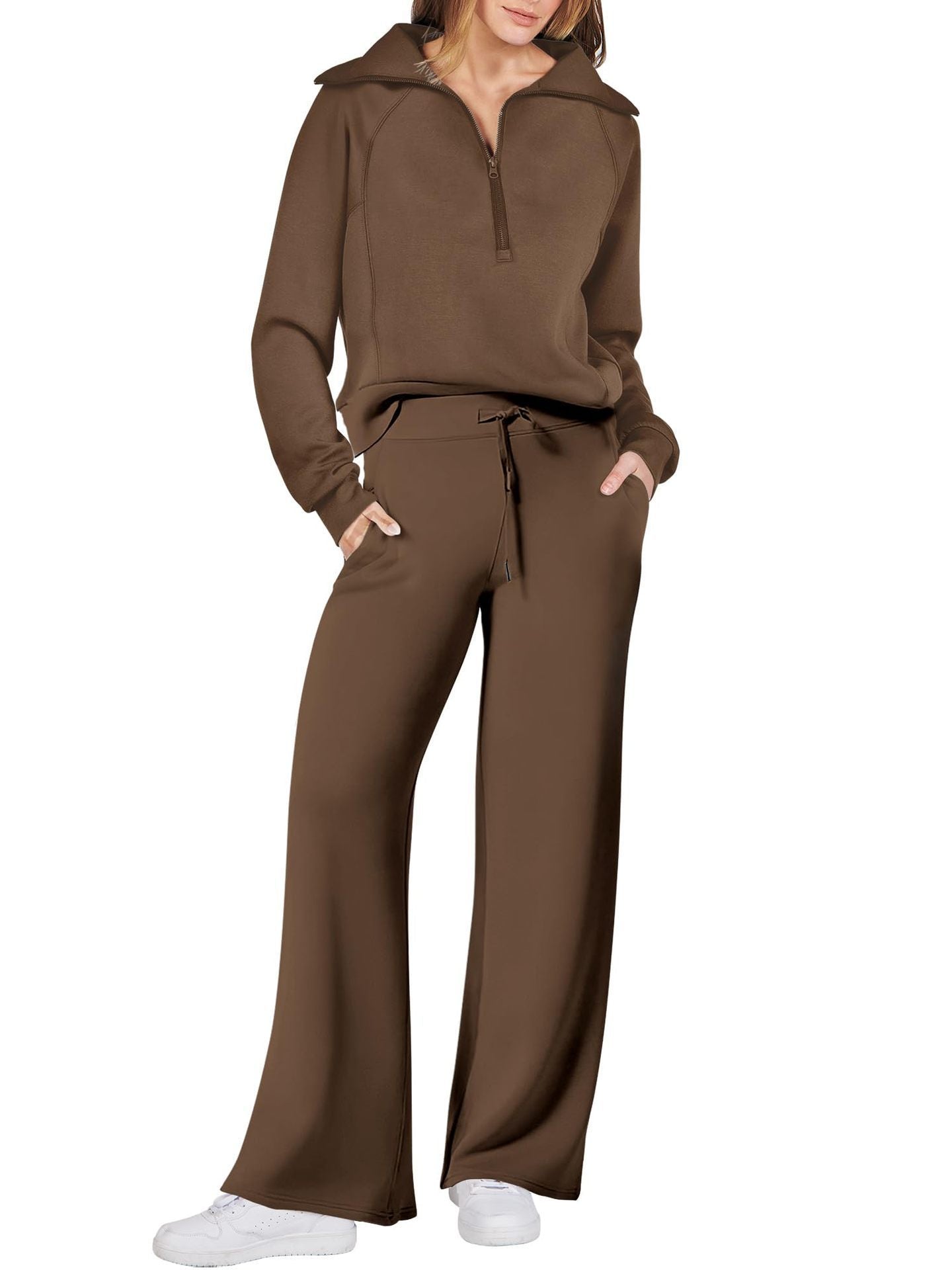Ensemble Jogging Femme Coupe Décontractée Sweat À Demi Zip Pantalon Large Confort Doux
