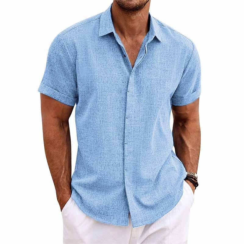 Chemise Homme Manches Courtes Lin Coton Mélangé À Boutons Tissu Respirant Léger Décontractée Quotidienne Amawinc