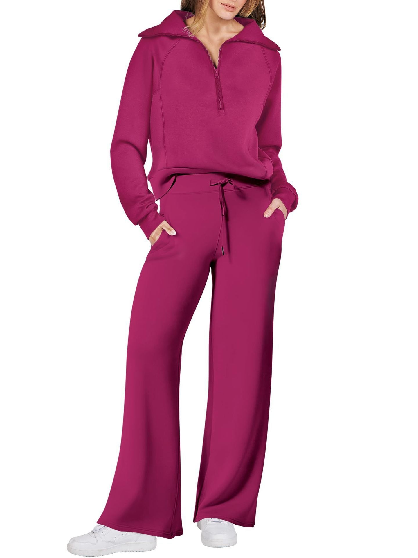 Ensemble Jogging Femme Coupe Décontractée Sweat À Demi Zip Pantalon Large Confort Doux