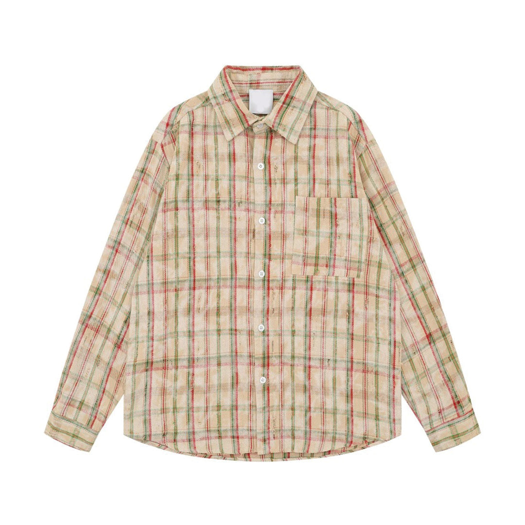 Chemise Déstructurée À Carreaux En Coton Teintes Douces Col Revers Poche Poitrine Bouton Coupe Décontractée