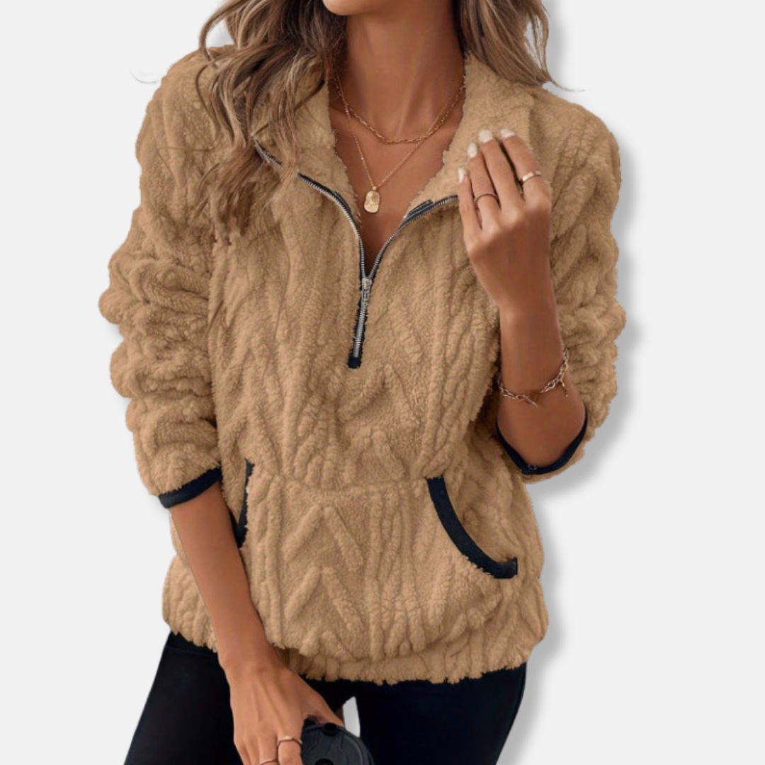 Pull Femme Col Montant Polaire Demi Zip Poche Kangourou Doux Et Confortable Pour Tous Les Jours