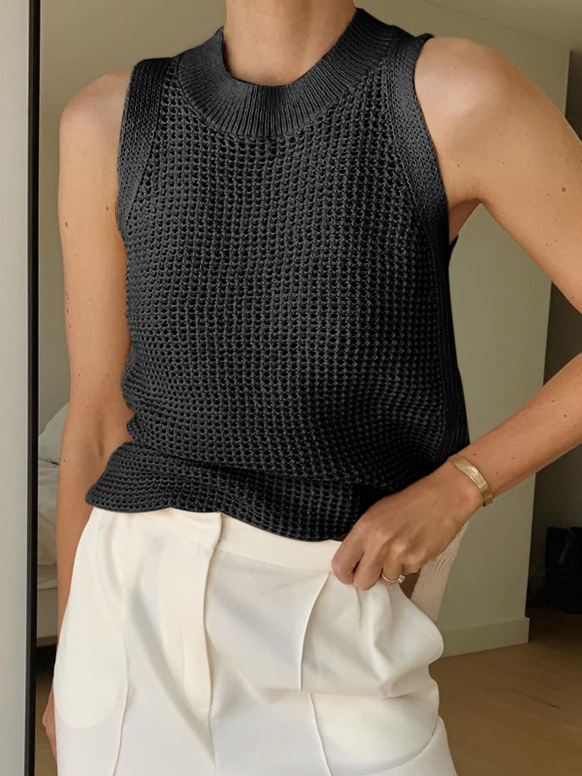 Débardeur Tricot Ajouré Uni Sans Manches À Col Rond Décontracté Pour Femme En Polyester Acrylique Élastane
