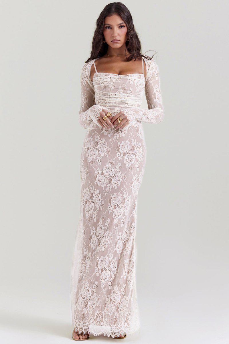 Amawinc Robe En Dentelle Pour Femme Corset Élégant Manches Longues Robe De Soirée Cintrée