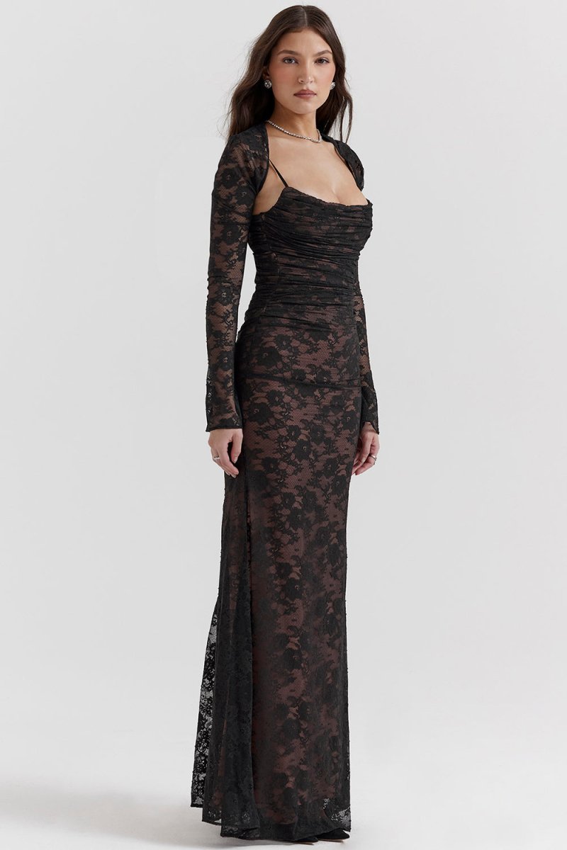 Amawinc Robe En Dentelle Pour Femme Corset Élégant Manches Longues Robe De Soirée Cintrée