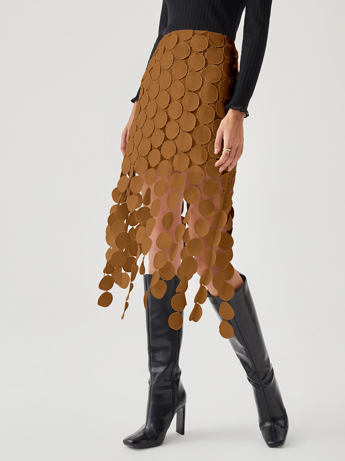 Jupe Midi Double Couche À Motifs Circulaires Découpés Au Laser Pour Tenue Moderne Et Sophistiquée Amawinc