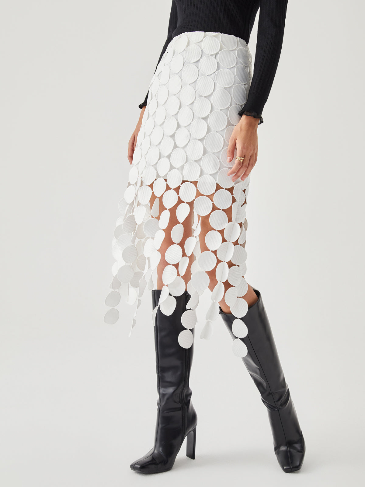 Jupe Midi Double Couche À Motifs Circulaires Découpés Au Laser Pour Tenue Moderne Et Sophistiquée Amawinc