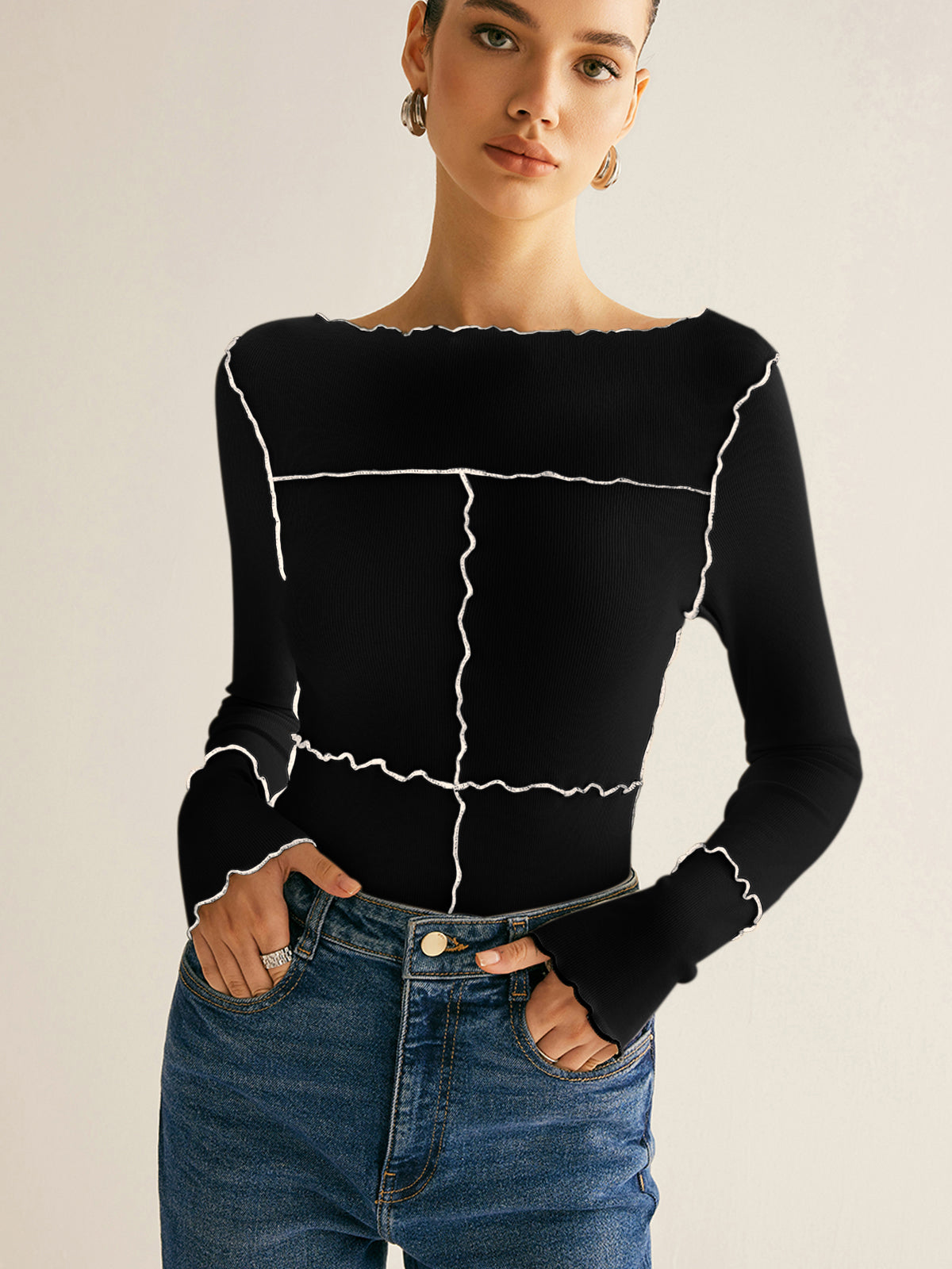 T Shirt Manches Longues Slim En Maille Côtelée Coton Lyocell Élasthanne Ourlet Lettuce Décontracté Style Travail