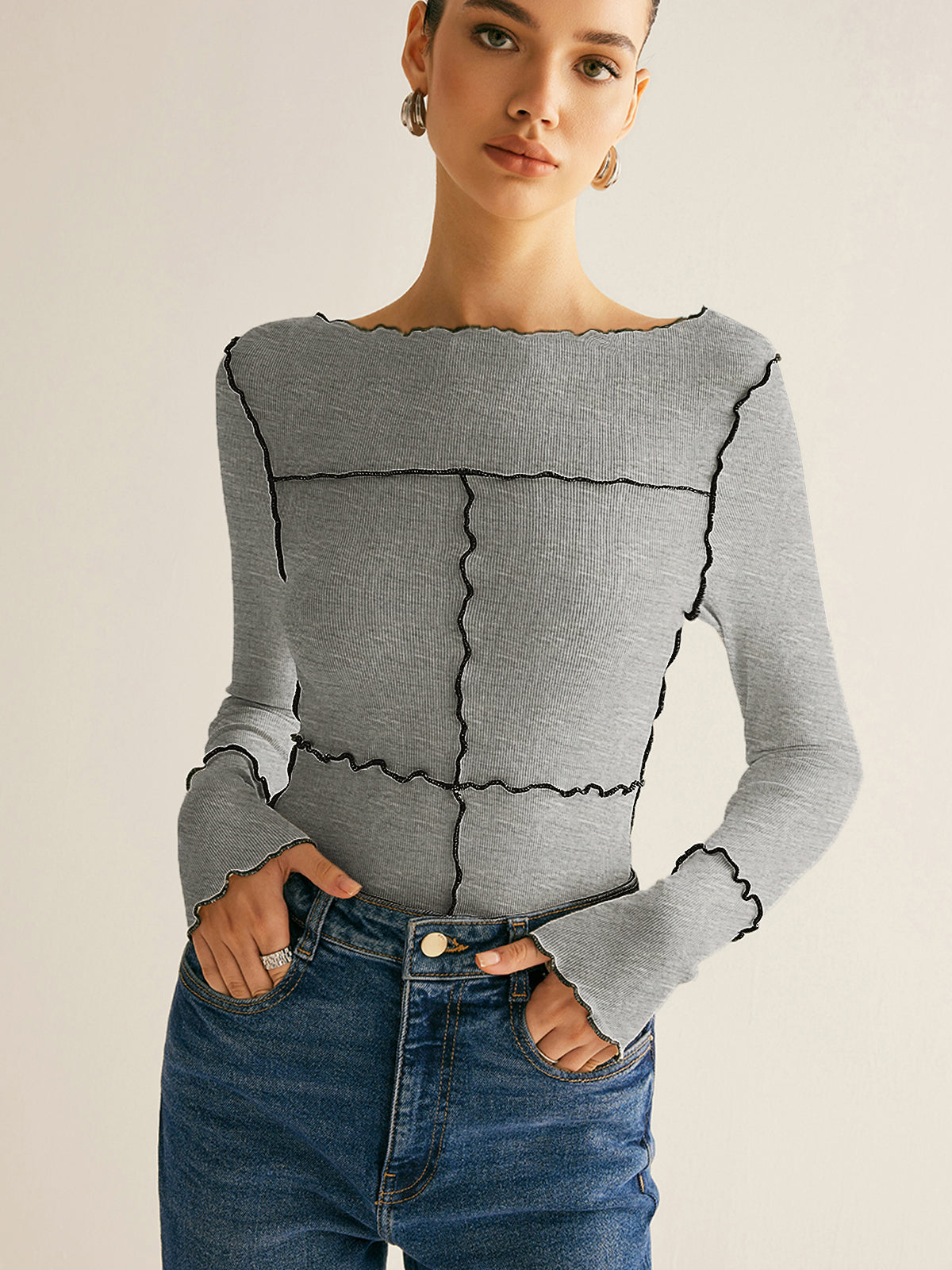 T Shirt Manches Longues Slim En Maille Côtelée Coton Lyocell Élasthanne Ourlet Lettuce Décontracté Style Travail