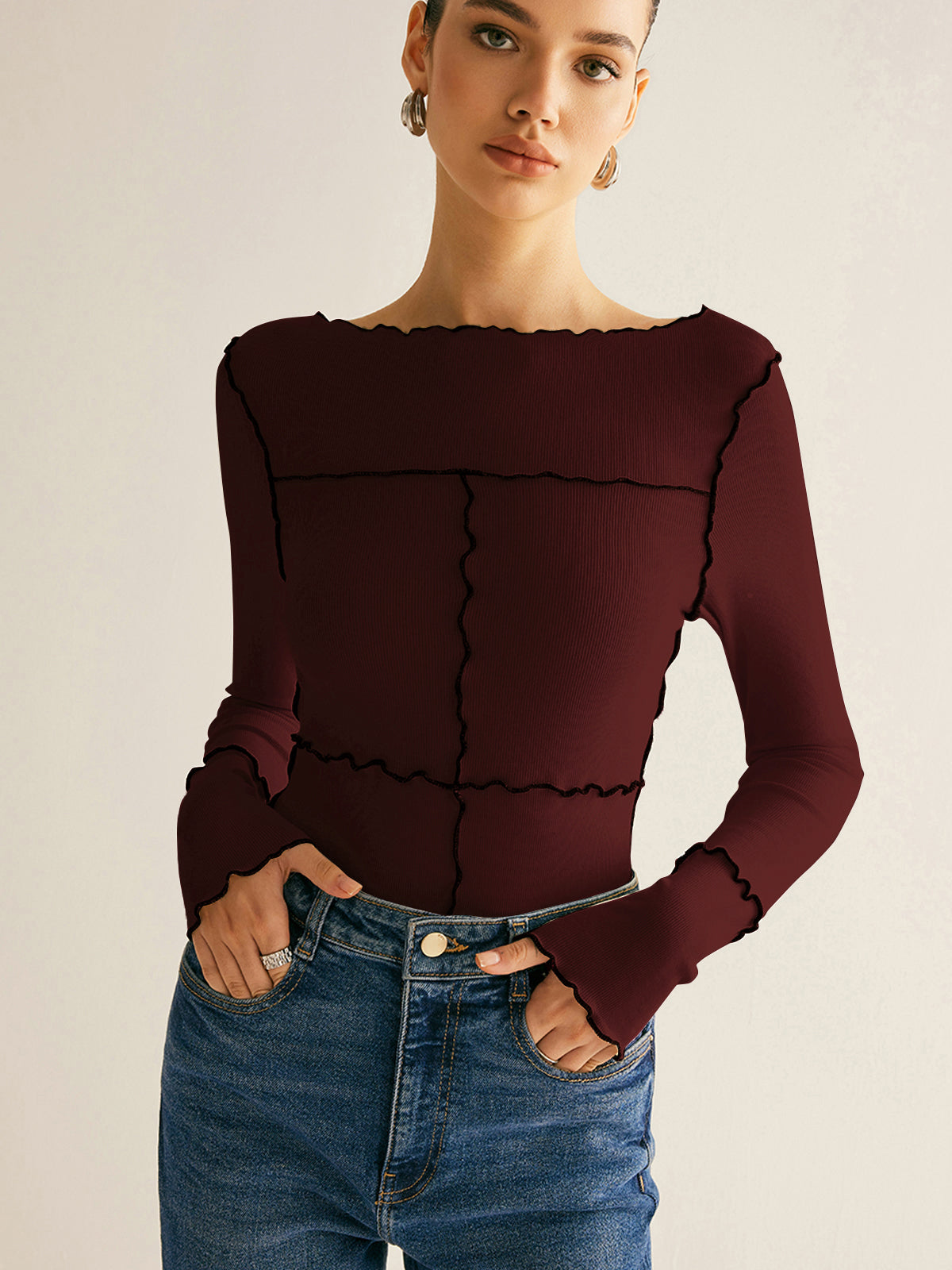 T Shirt Manches Longues Slim En Maille Côtelée Coton Lyocell Élasthanne Ourlet Lettuce Décontracté Style Travail