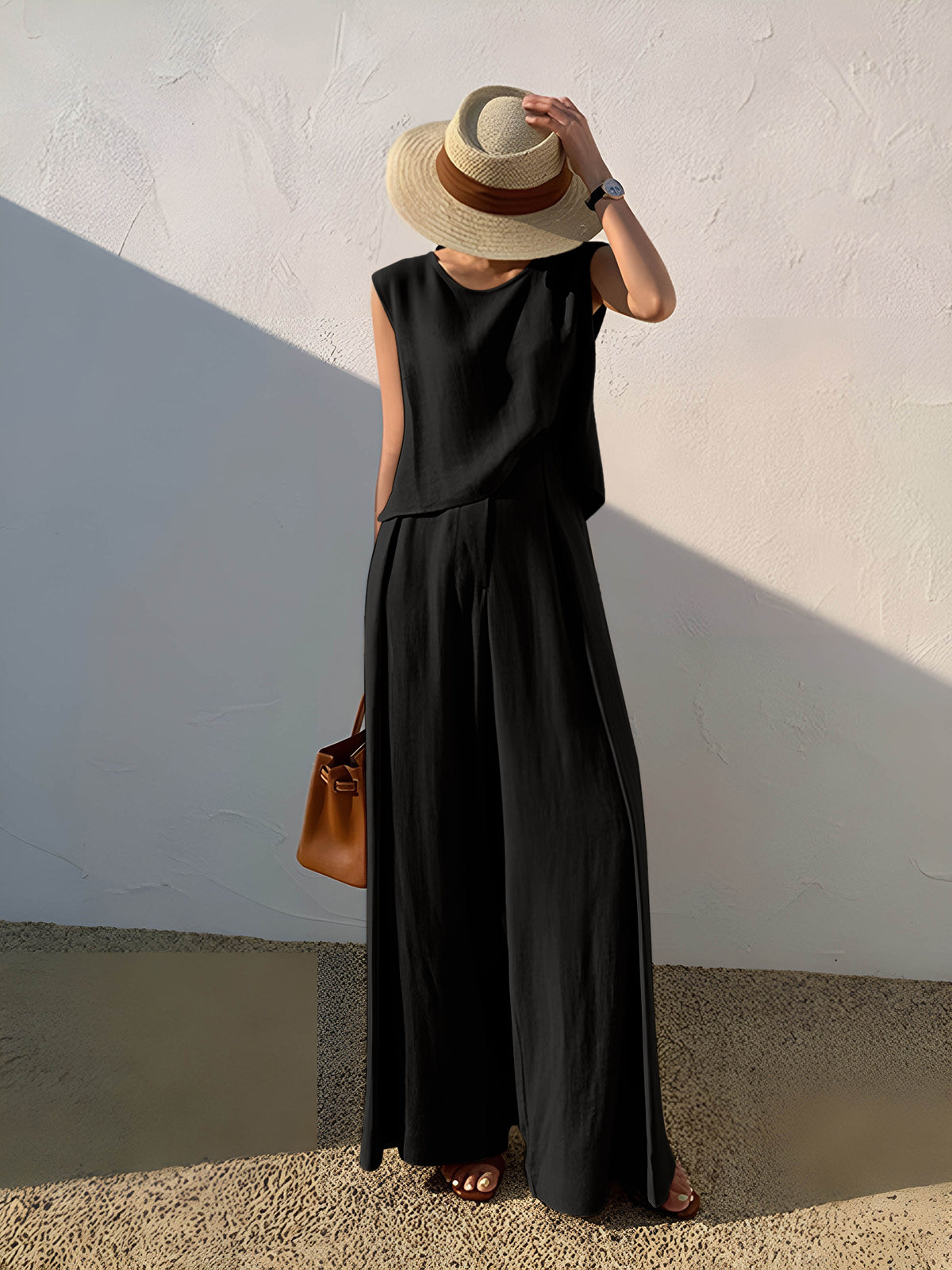 Ensemble Pantalons Décontractés Mélange Lin Et Viscose Uni Pour Loisir Maison Vacances