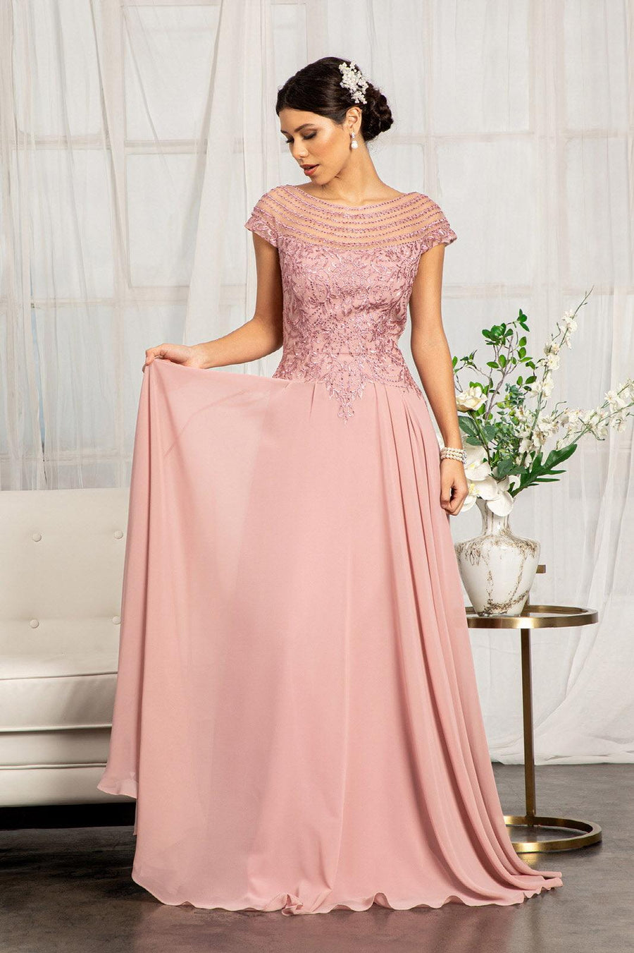 Dusty Rose L Long Formal Chiffon Mother of the Bride Dress Sale - Amawinc