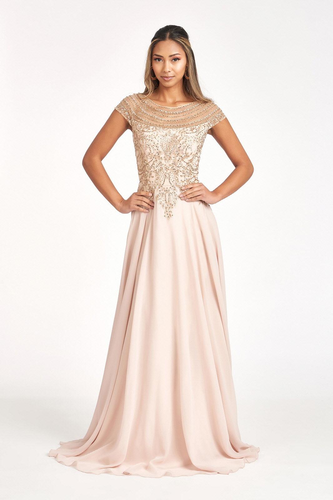 Robe Longue Formelle en Chiffon pour Mère de la Mariée Décolleté Scoop Avec Manches Cap