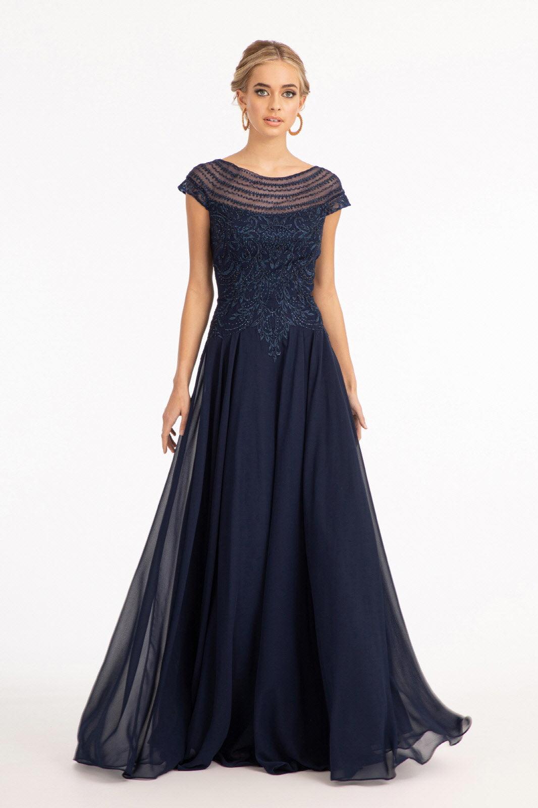 Robe Longue Formelle en Chiffon pour Mère de la Mariée Décolleté Scoop Avec Manches Cap