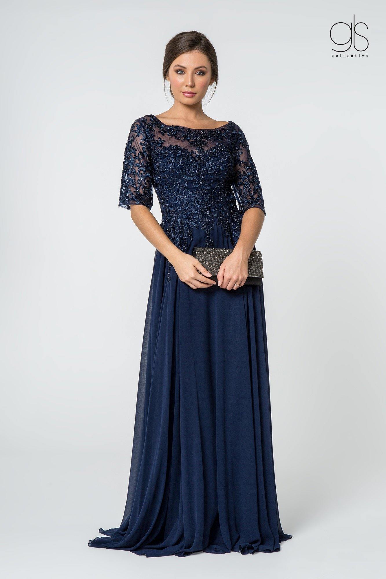 Robe Longue Formelle Pour Mère De La Mariée En Chiffon Avec Buste Brodé Et Manches Trois Quarts Dos Transparent